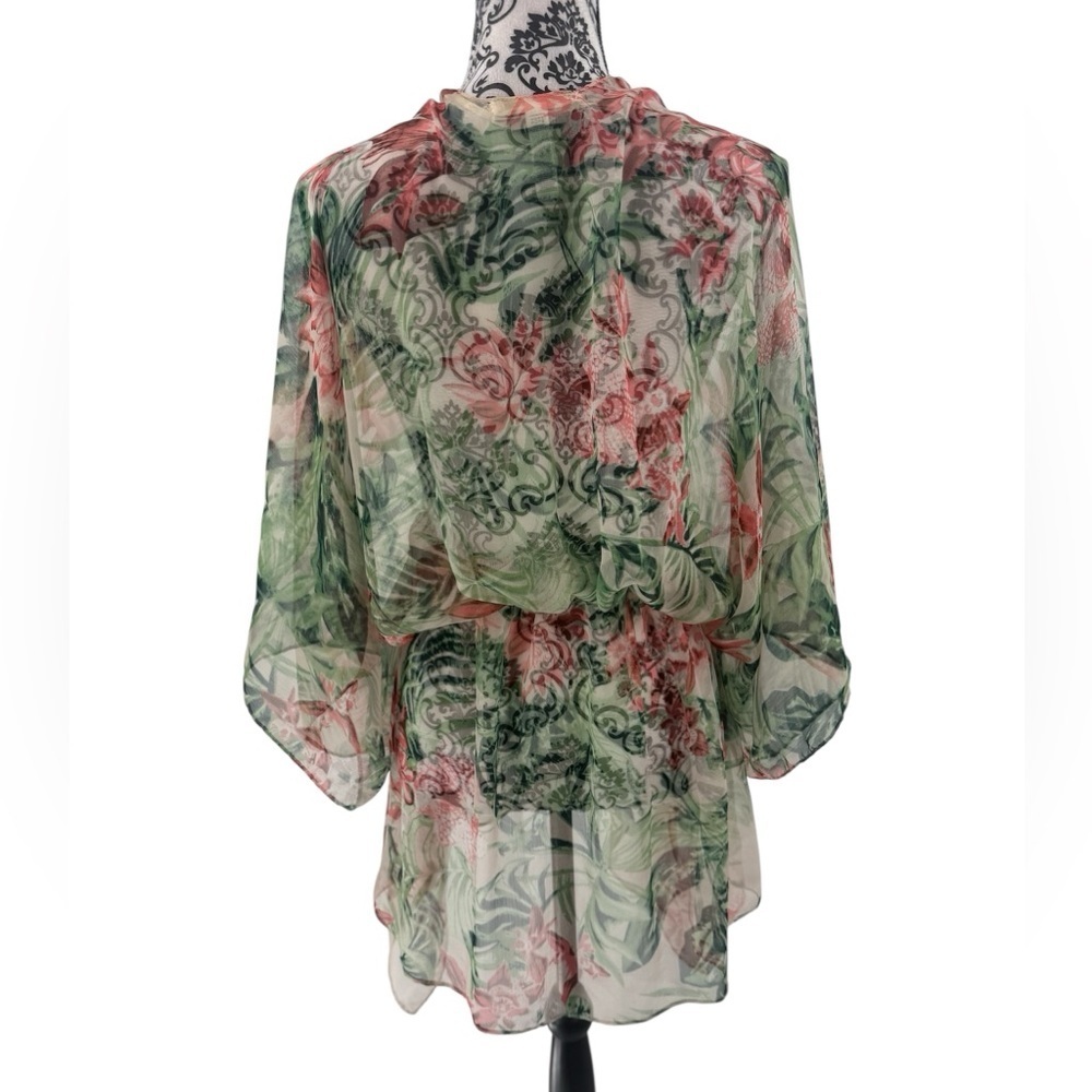 BCBGeneration Sheer Tropical Floral Kimono Wrap Cover-Up Boho Resort Tassel Tie - Picture 4 of 9
